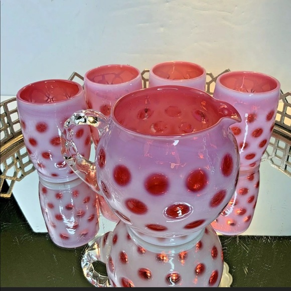 Fenton Other - SOLD Fenton Cranberry Coin Dot Pitcher Tumblers